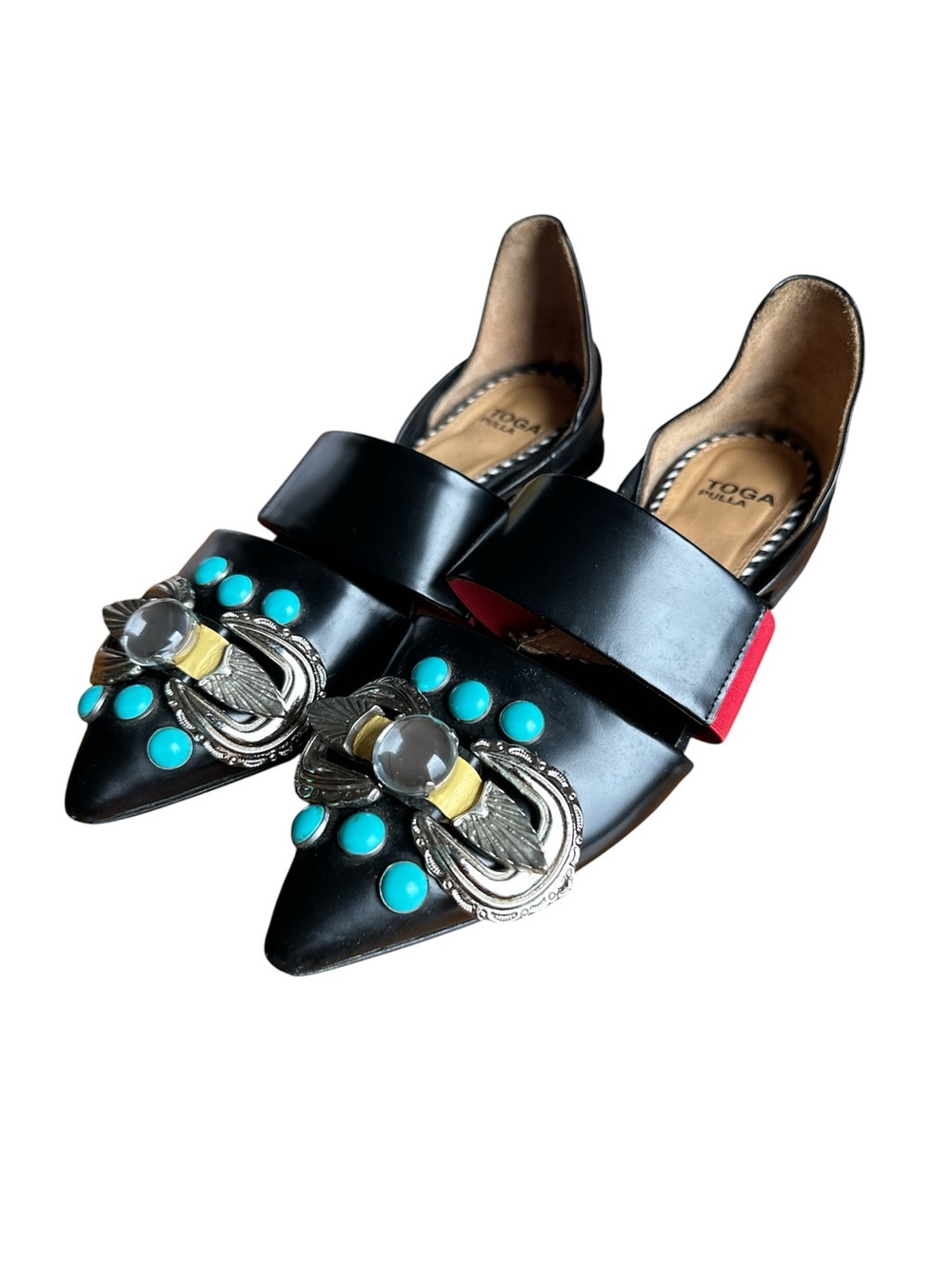 TOGA Pulla Black Pointed Flats with Turquoise Concho Metal Hardware EU37.5